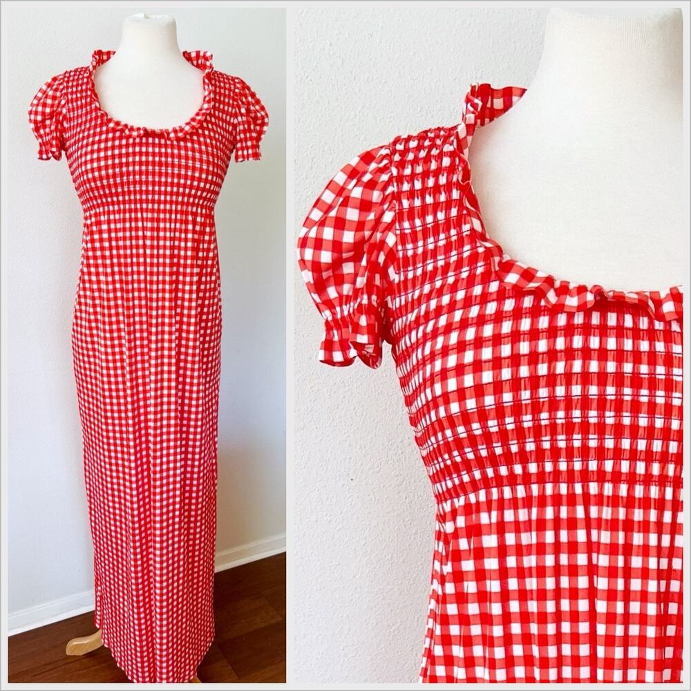 Vintage 70s Red White Gingham Maxi Dress Picnic Western //‎ Size XS